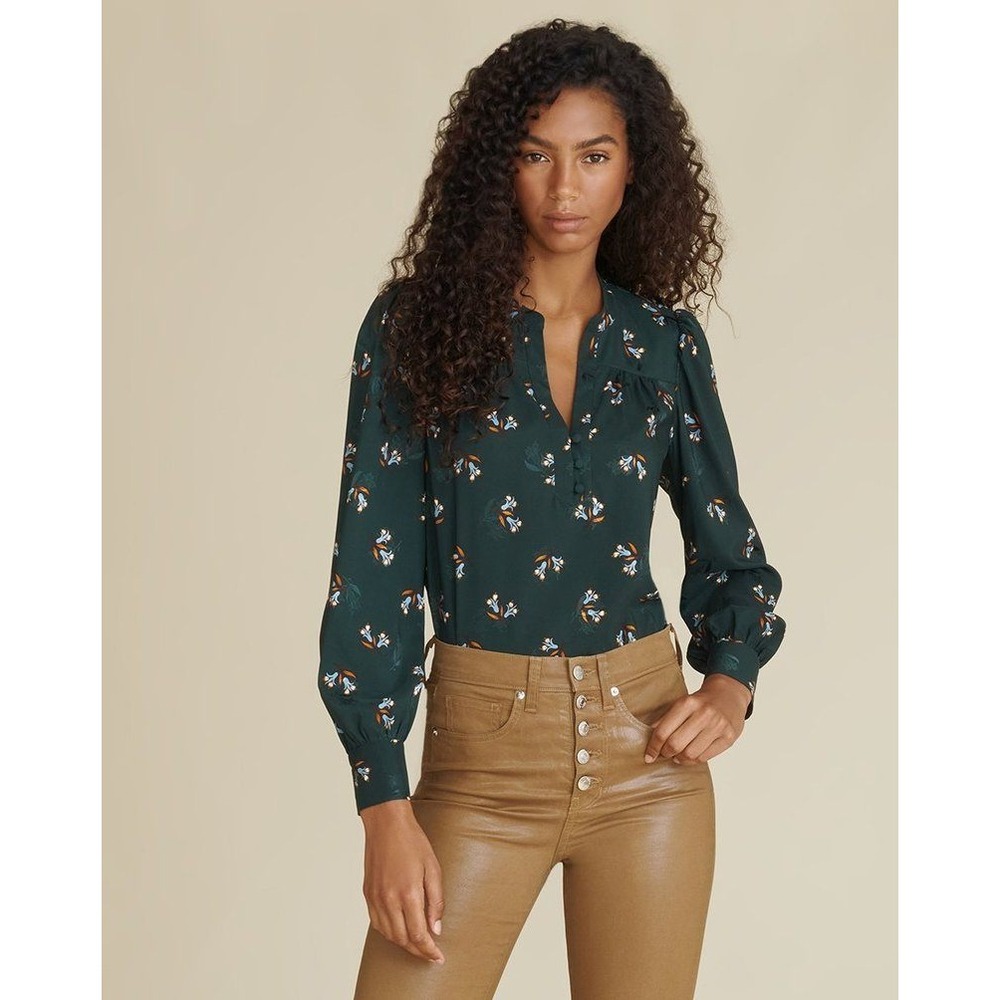 Veronica Beard Abbie Floral Print Silk-Blend Topโ Emerald Green V-Neck Blouse 14